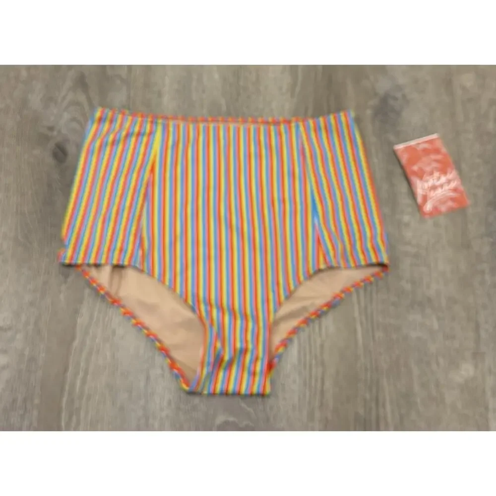 Kortni Jeane High Waist Multi Color Striped Swim Bottoms Bikini Medium NWT